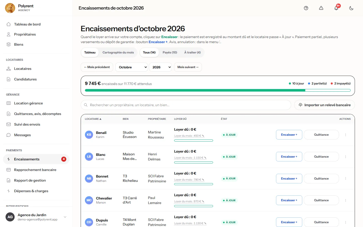 Encaissements du mois dans l'espace agence de Polyrent avec statut de chaque locataire