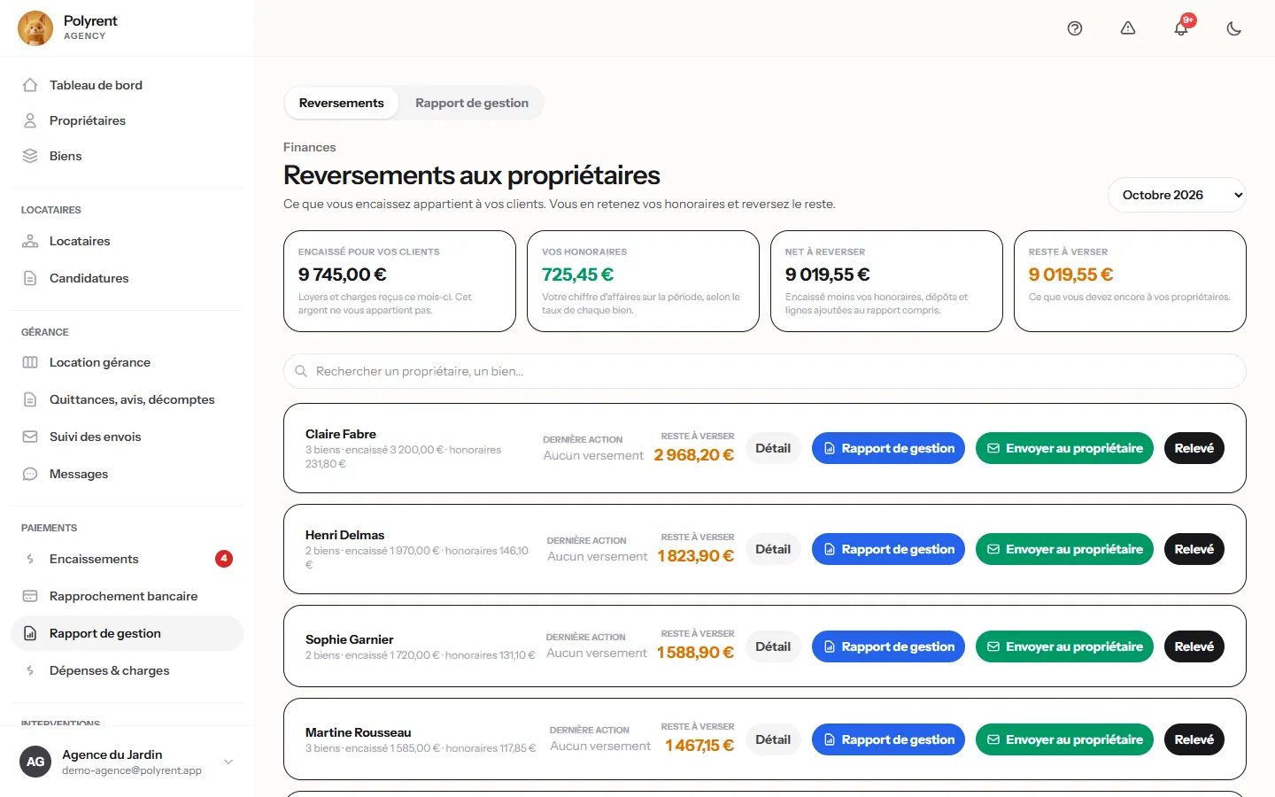 Reversements aux propriétaires dans Polyrent : encaissé, honoraires, net et reste à reverser par propriétaire