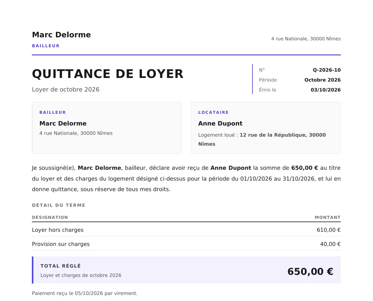 Quittance de loyer A4 générée par Polyrent, avec détail du loyer et des charges