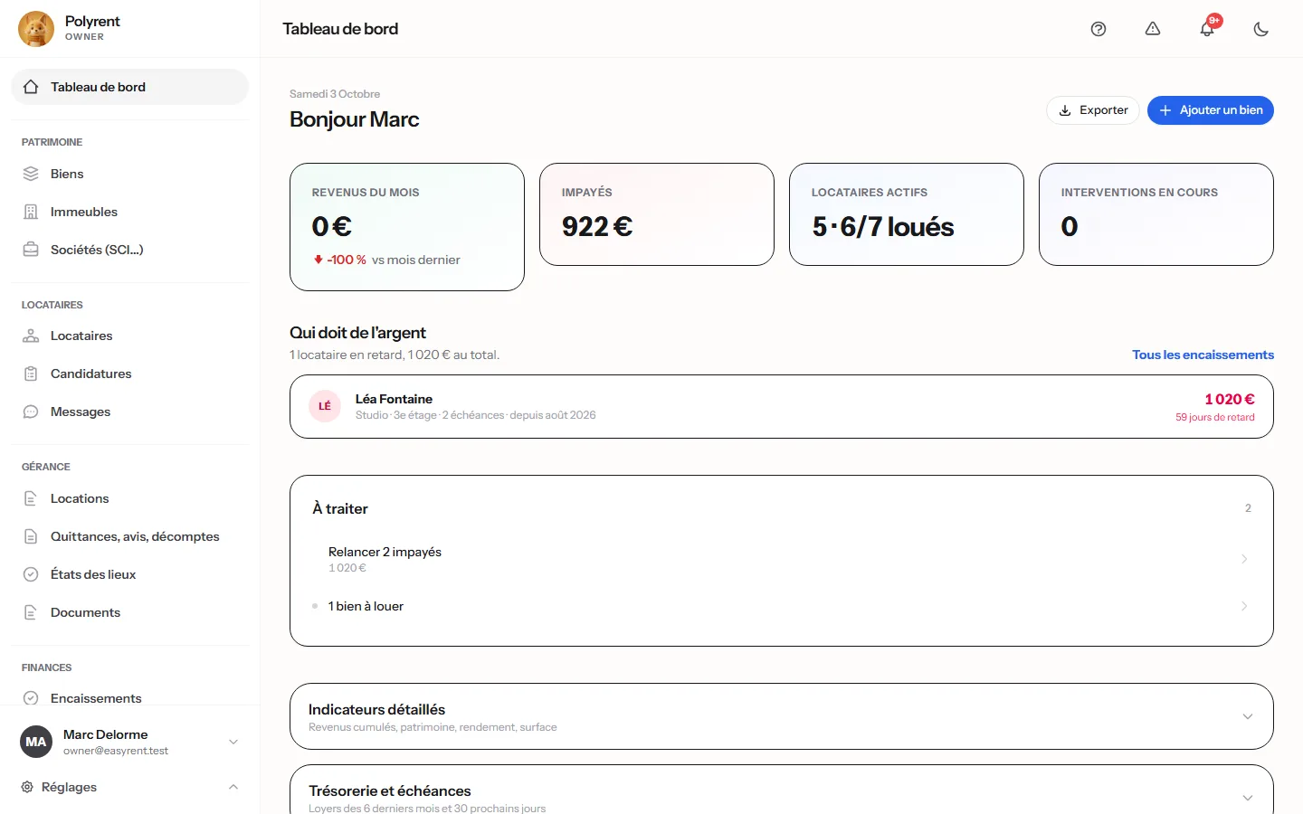 Tableau de bord propriétaire de Polyrent : loyers du mois, impayés et prochaines échéances